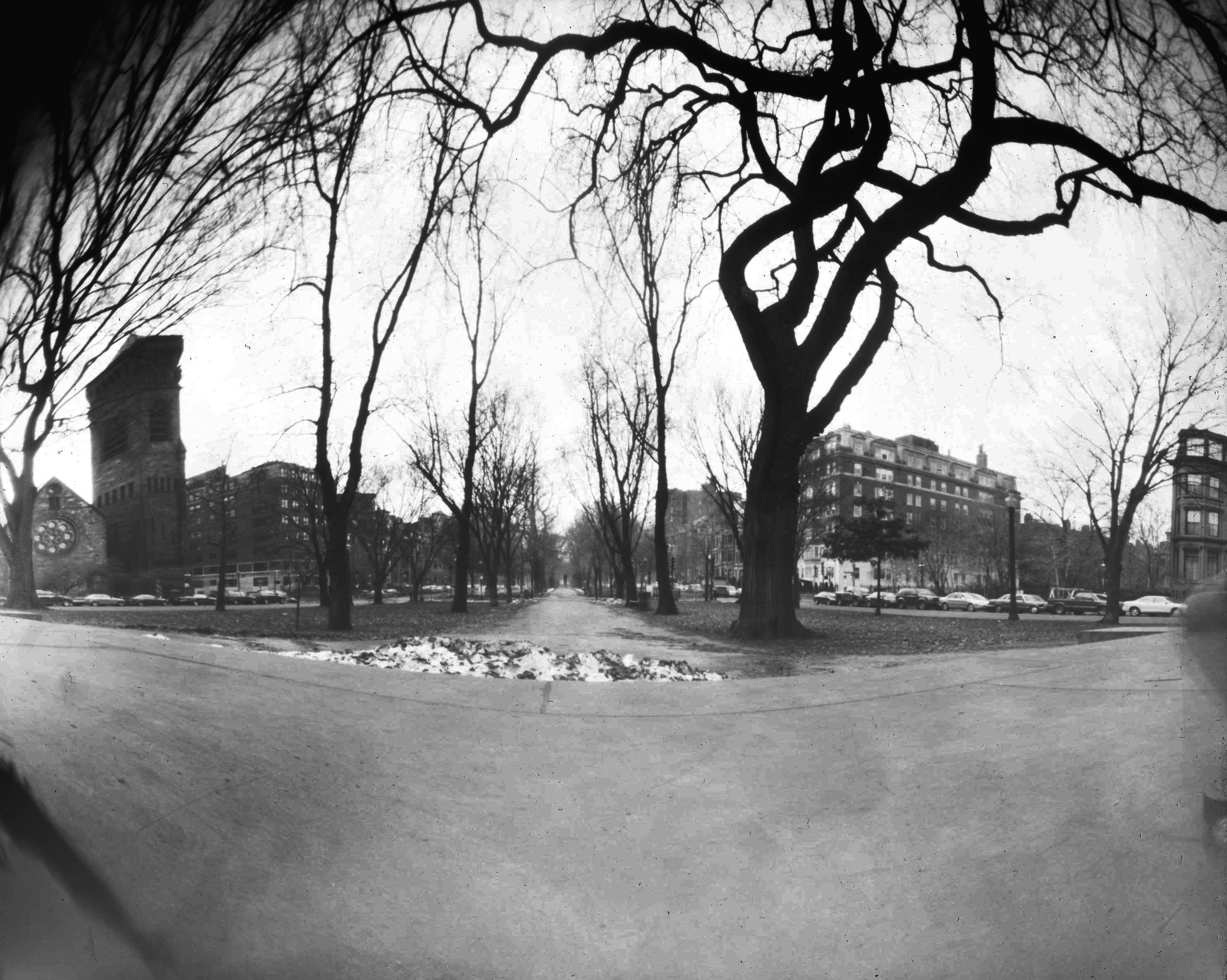 a black and white pinhole camera photograph with a large amount of curvature distortion except at the center of the image; a path leads from the paved surface in the foreground to the center of the image; the path is lined with large trees, bare in winter; there are two streets on either side of the mall, and buildings lining the streets; the building visible furthest an the right side of the image is the first baptist church of boston